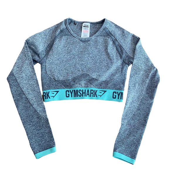 GYMSHARK Flex Long Sleeve Crop Top Women Size Small Charcoal Gray Teal Trim - Picture 3 of 7